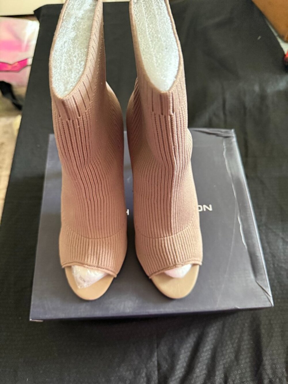 French Connection Stiletto Peep Toe Bootie Ribbed Taupe‎ Vegan Suede Women's US8